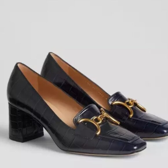 Samantha Navy Croc-Effect Leather Snaffle-Detail loafers/heels/shoes - Picture 1 of 5